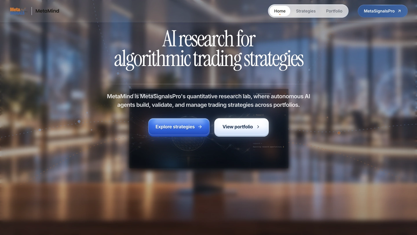 MetaMind homepage introducing AI research for algorithmic trading strategies